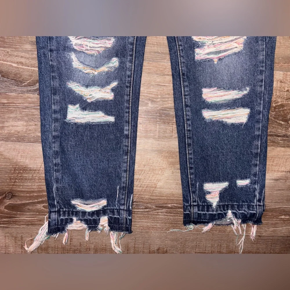 KanCan Distressed Dark Blue Skinny Jeans with Multicolor Rips - Picture 3 of 7